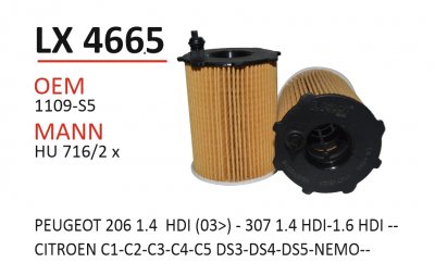 LX 4665 OEM 1109-S5 MANN HU716/2x