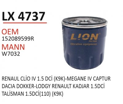 LX 4737 OEM 152089599R MANN W7032